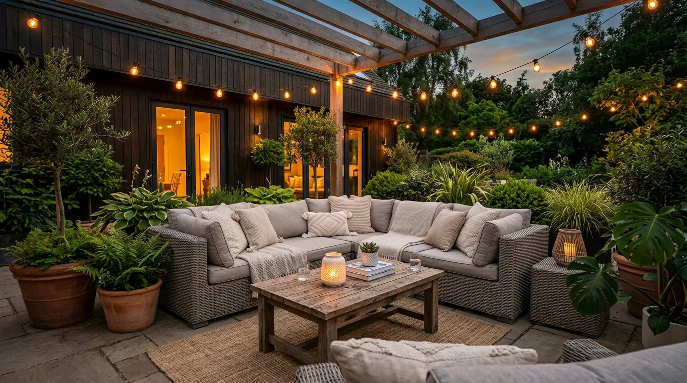 Stylish decorated patio with layered seating, lighting, and outdoor accents.